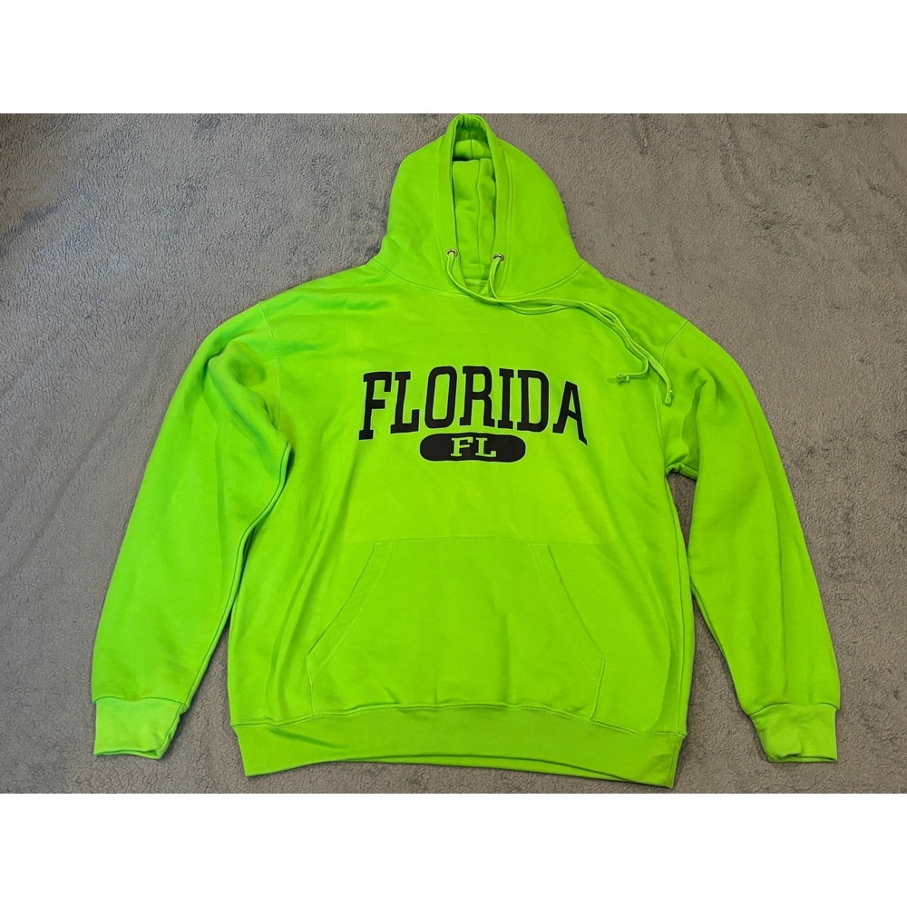 Basix of America Florida FL Hoodie Neon Lime Green Mens Large Fleece Sweatshirt